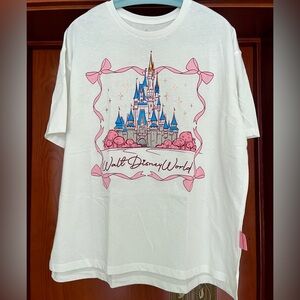 2025 Walt Disney World Parks Castle Ribbons Pink Bow Tshirt Oversized White